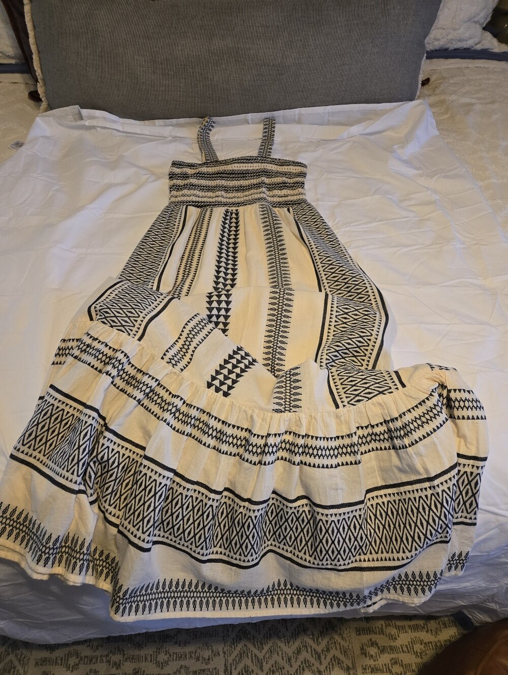 Versona Cream and Black Patterned Smocked Boho Maxi Dress